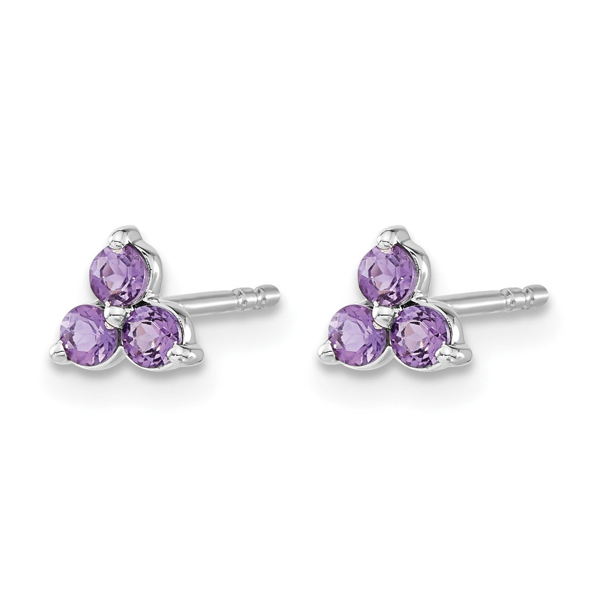 14k White Gold 3-stone Round Amethyst Triangle Post Earrings