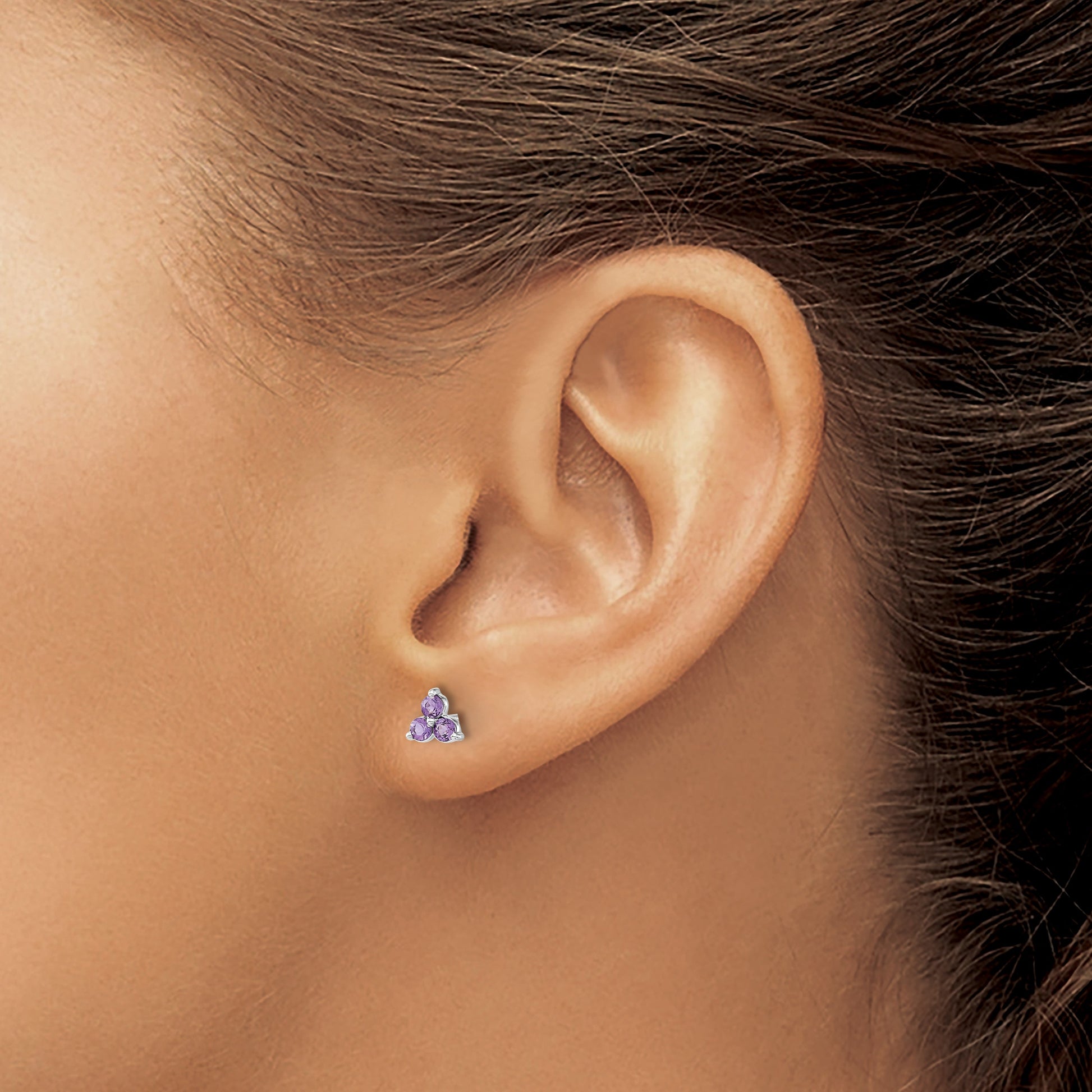14k White Gold 3-stone Round Amethyst Triangle Post Earrings