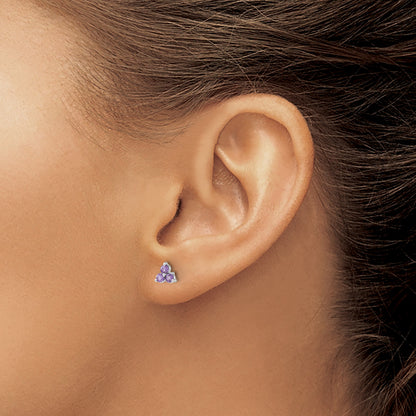 14k White Gold 3-stone Round Amethyst Triangle Post Earrings