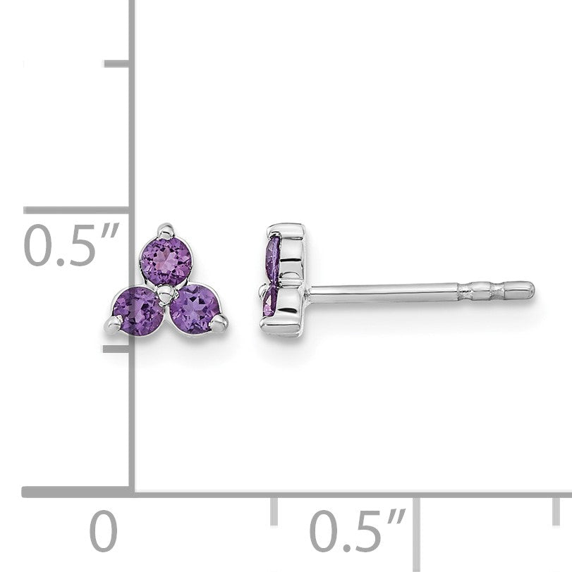 14k White Gold 3-stone Round Amethyst Triangle Post Earrings