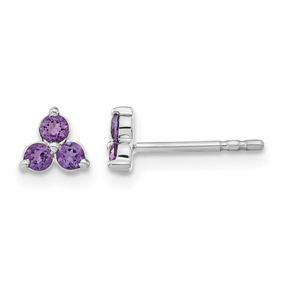 14k White Gold 3-stone Round Amethyst Triangle Post Earrings