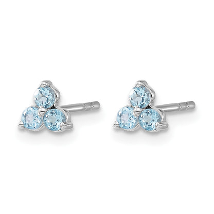 14k White Gold 3-stone Round Blue Topaz Triangle Post Earrings