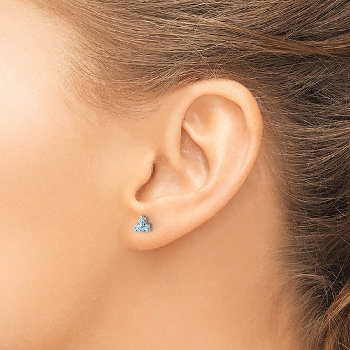14k White Gold 3-stone Round Blue Topaz Triangle Post Earrings