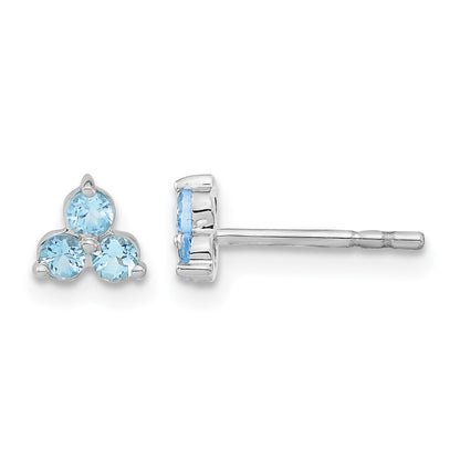 14k White Gold 3-stone Round Blue Topaz Triangle Post Earrings