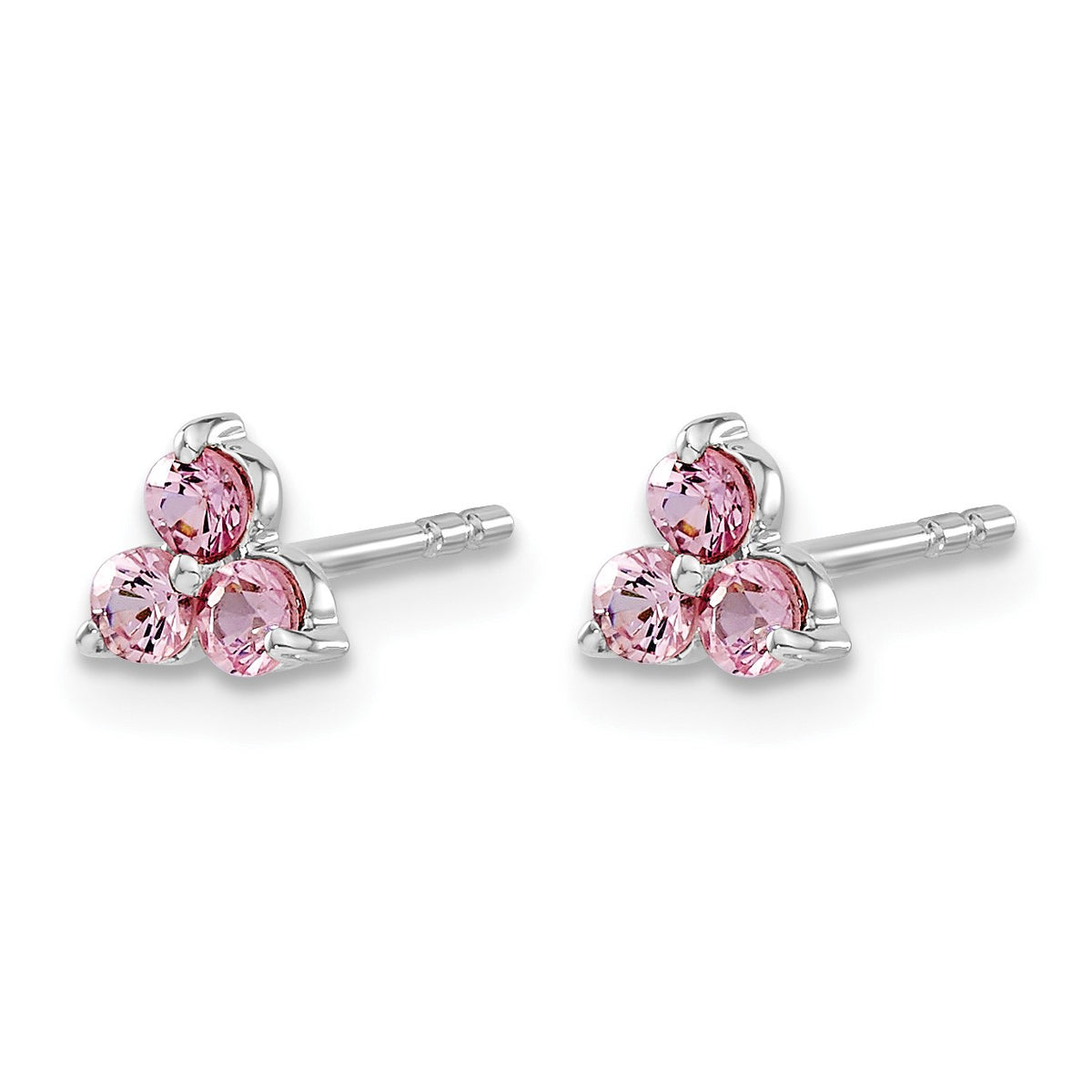 14k White Gold 3-stone Lab Created Pink Sapphire Triangle Post Earrings