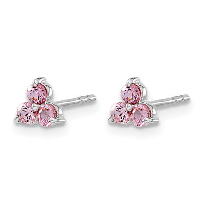 14k White Gold 3-stone Lab Created Pink Sapphire Triangle Post Earrings