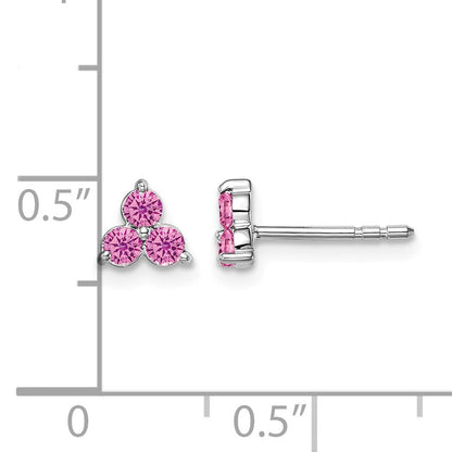 14k White Gold 3-stone Lab Created Pink Sapphire Triangle Post Earrings