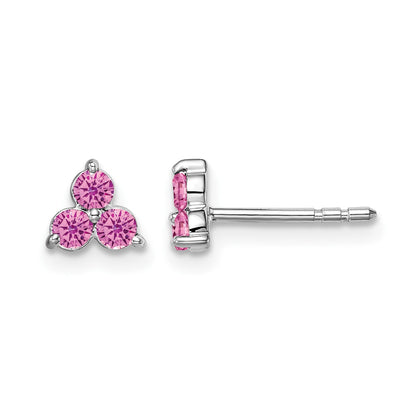 14k White Gold 3-stone Lab Created Pink Sapphire Triangle Post Earrings