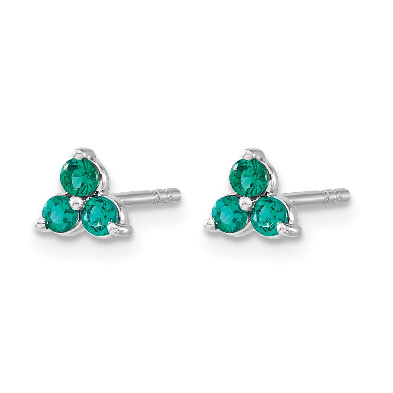14k White Gold 3-stone Lab Created Emerald Triangle Post Earrings