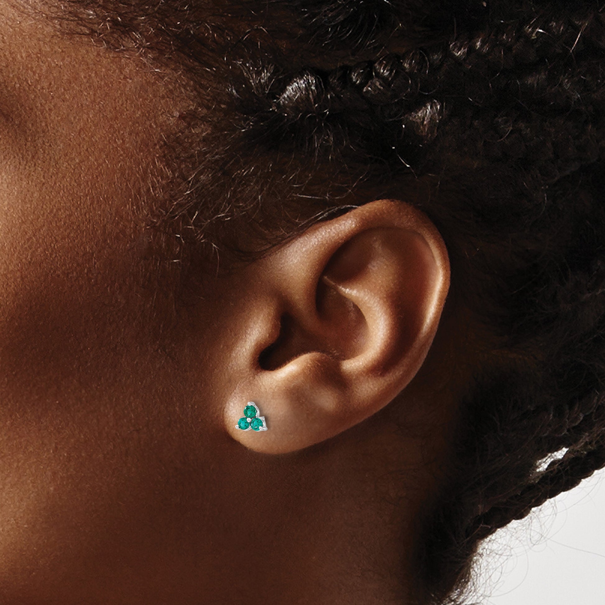 14k White Gold 3-stone Lab Created Emerald Triangle Post Earrings