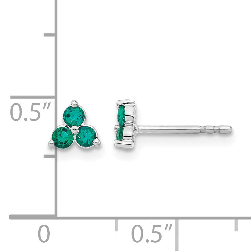 14k White Gold 3-stone Lab Created Emerald Triangle Post Earrings