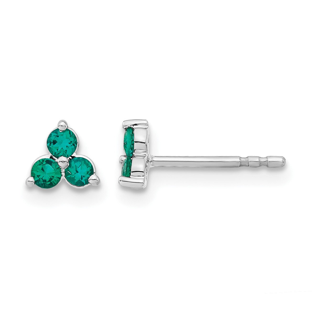 14k White Gold 3-stone Lab Created Emerald Triangle Post Earrings