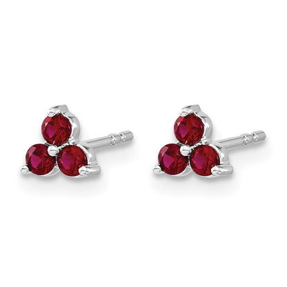 14k White Gold 3-stone Lab Created Ruby Triangle Post Earrings