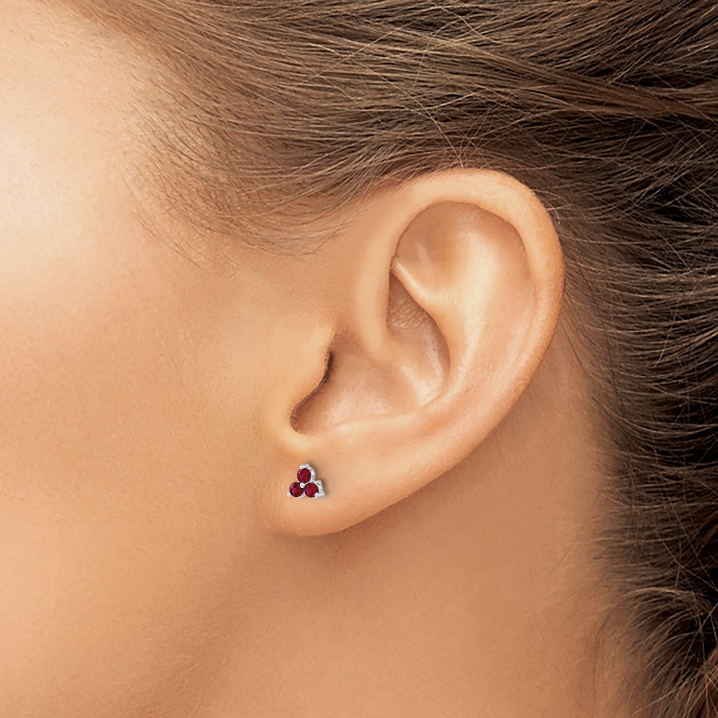 14k White Gold 3-stone Lab Created Ruby Triangle Post Earrings