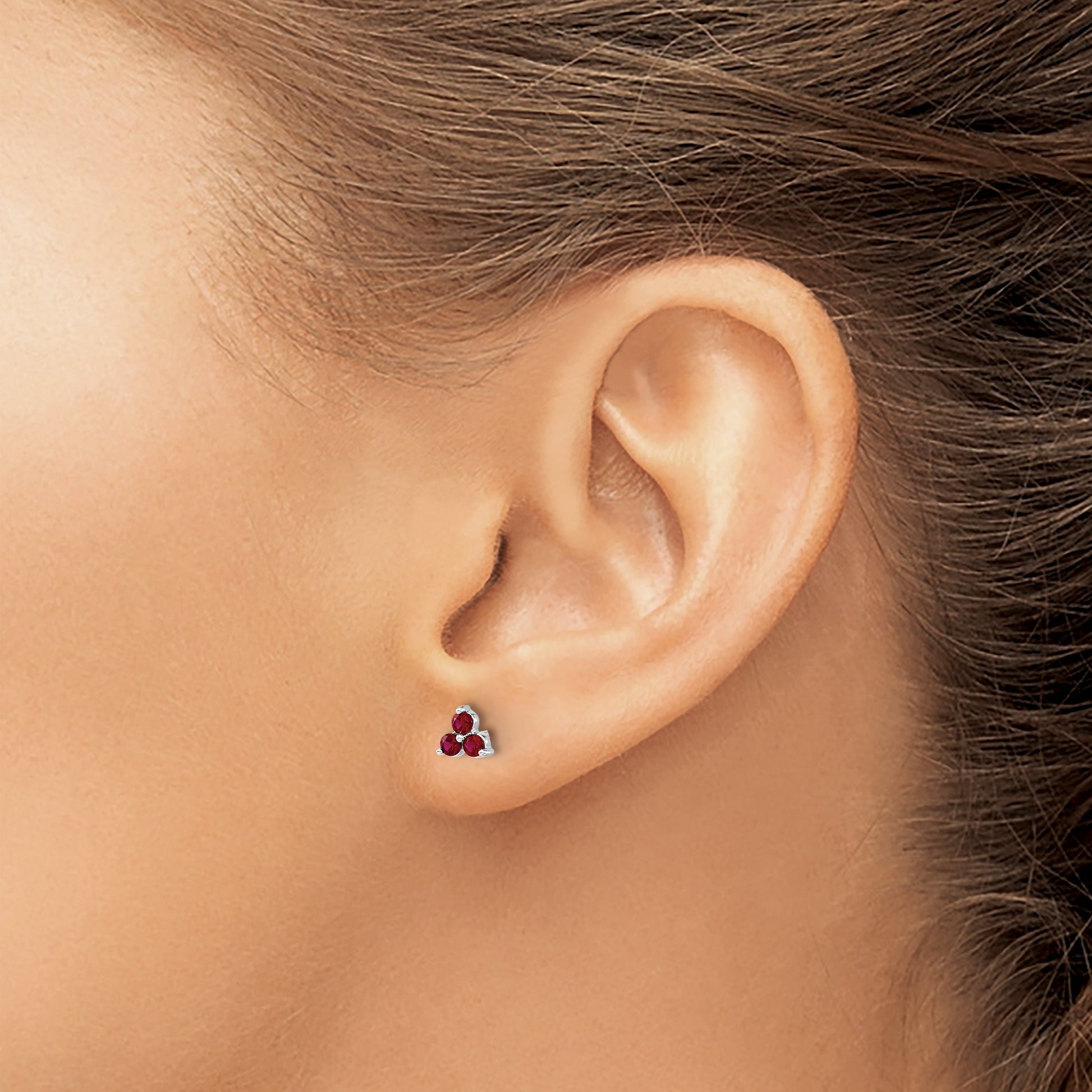 14k White Gold 3-stone Lab Created Ruby Triangle Post Earrings