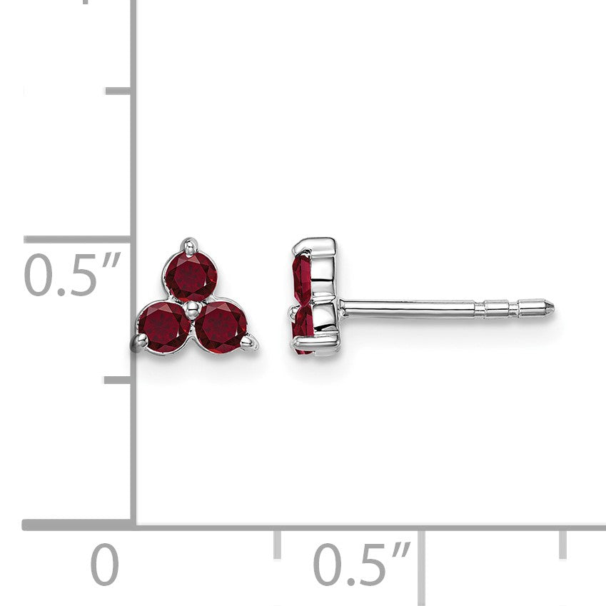14k White Gold 3-stone Lab Created Ruby Triangle Post Earrings