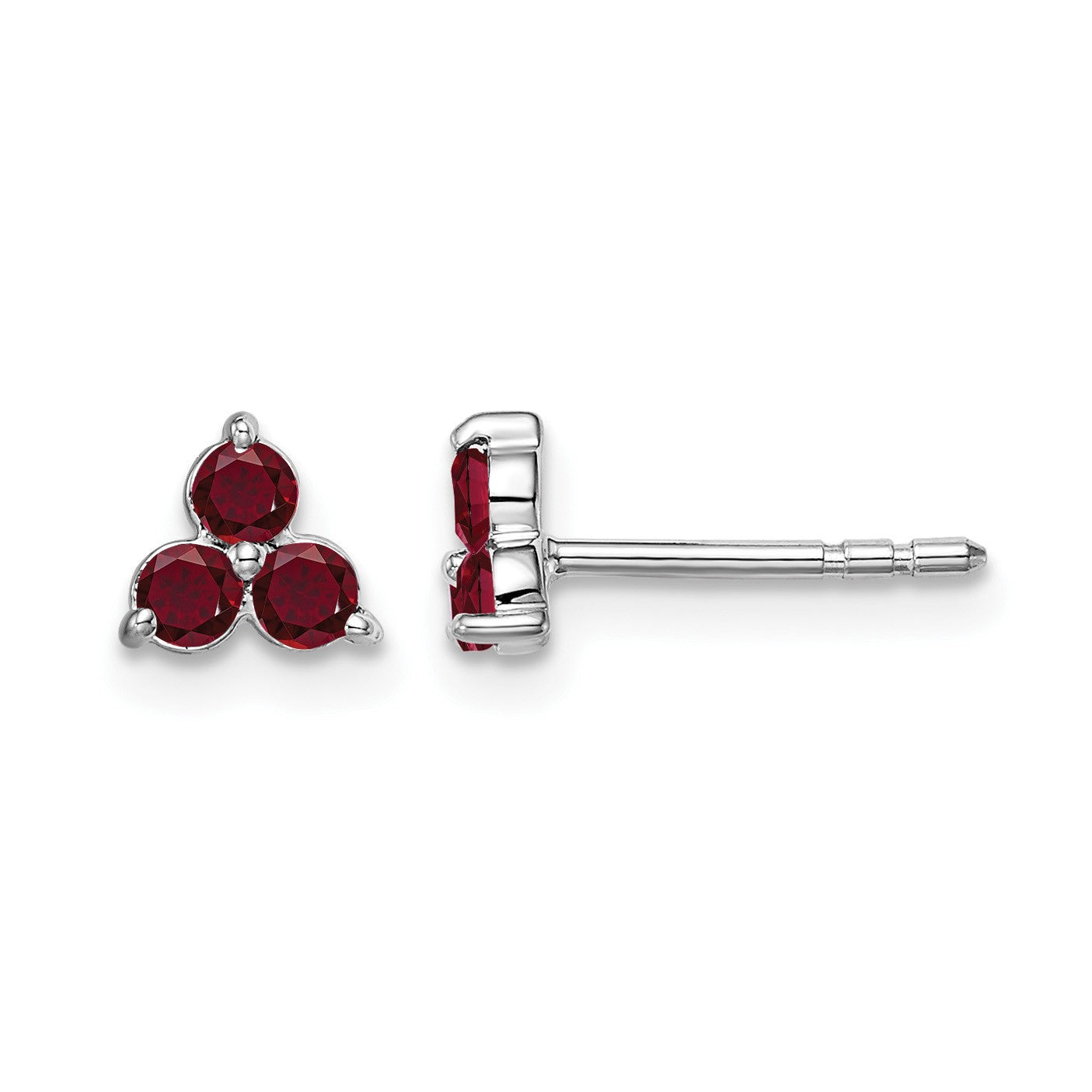 14k White Gold 3-stone Lab Created Ruby Triangle Post Earrings