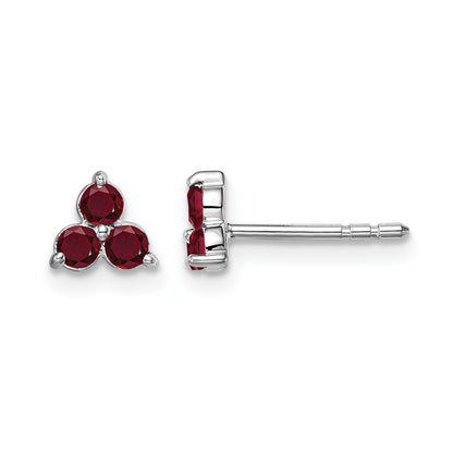 14k White Gold 3-stone Lab Created Ruby Triangle Post Earrings