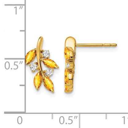 14k Marquise Citrine and 1/8 carat Diamond Leaf Post Earrings