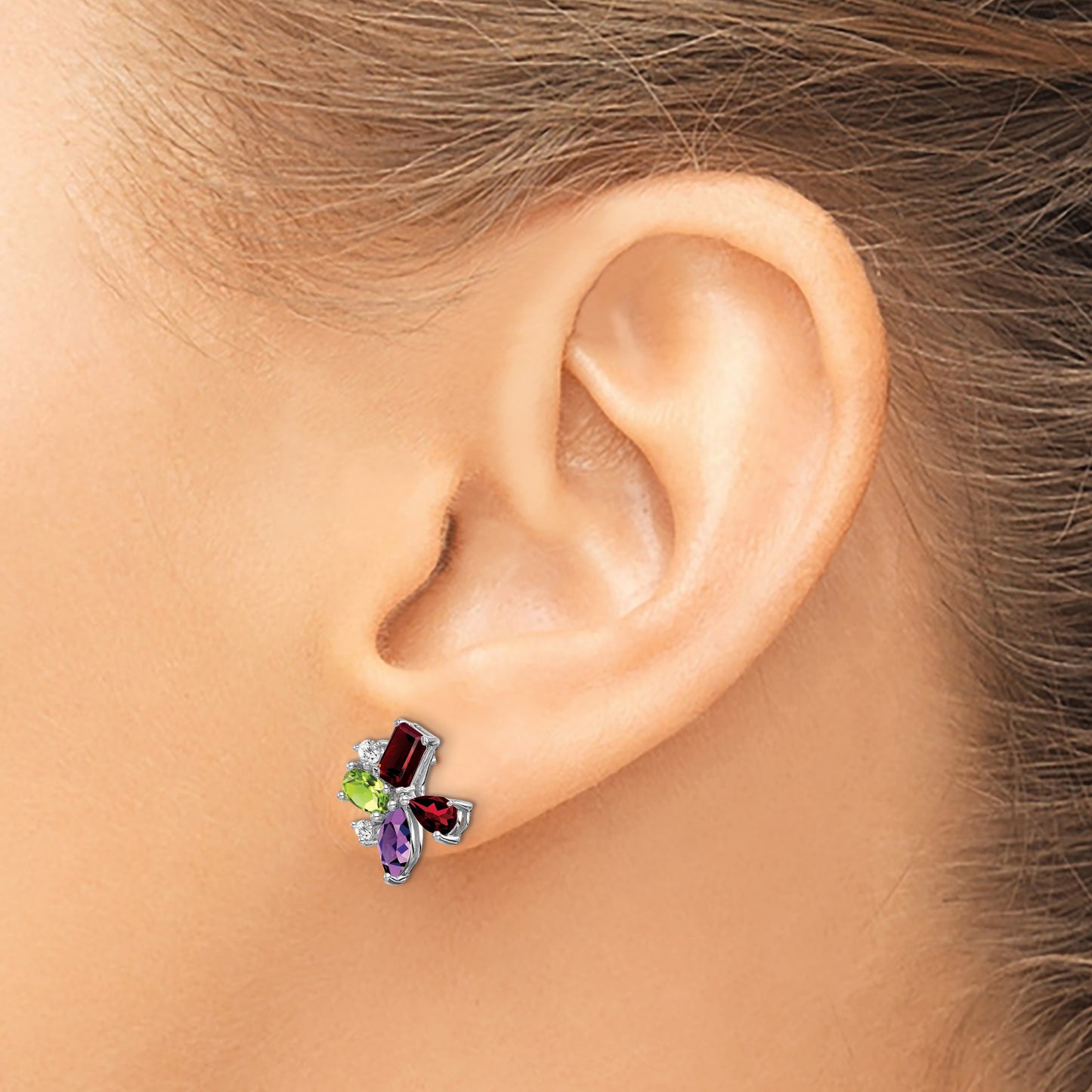 14k White Gold Amethyst/Peridot/Garnet/Diamond Post Earrings