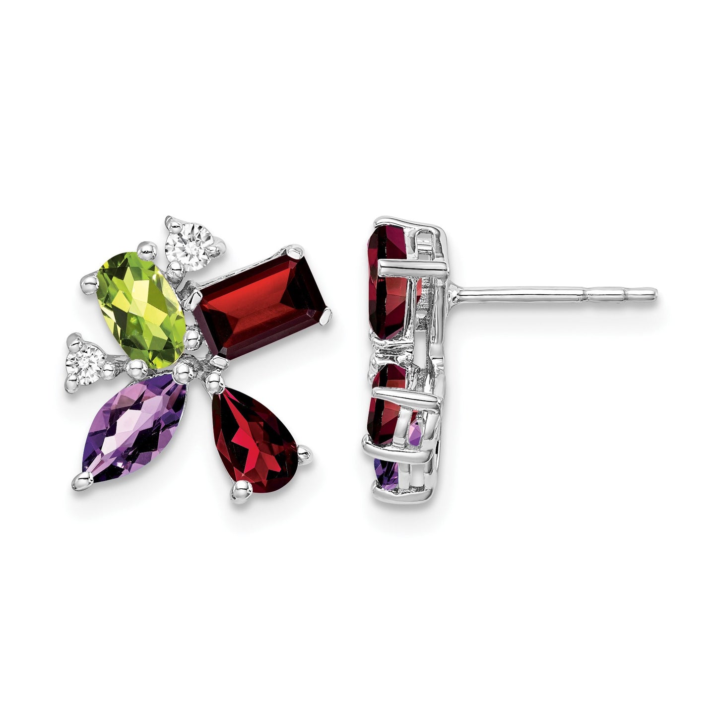 14k White Gold Amethyst/Peridot/Garnet/Diamond Post Earrings