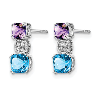 14k White Gold Cushion Amethyst/Blue Topaz and Diamond Post Earrings