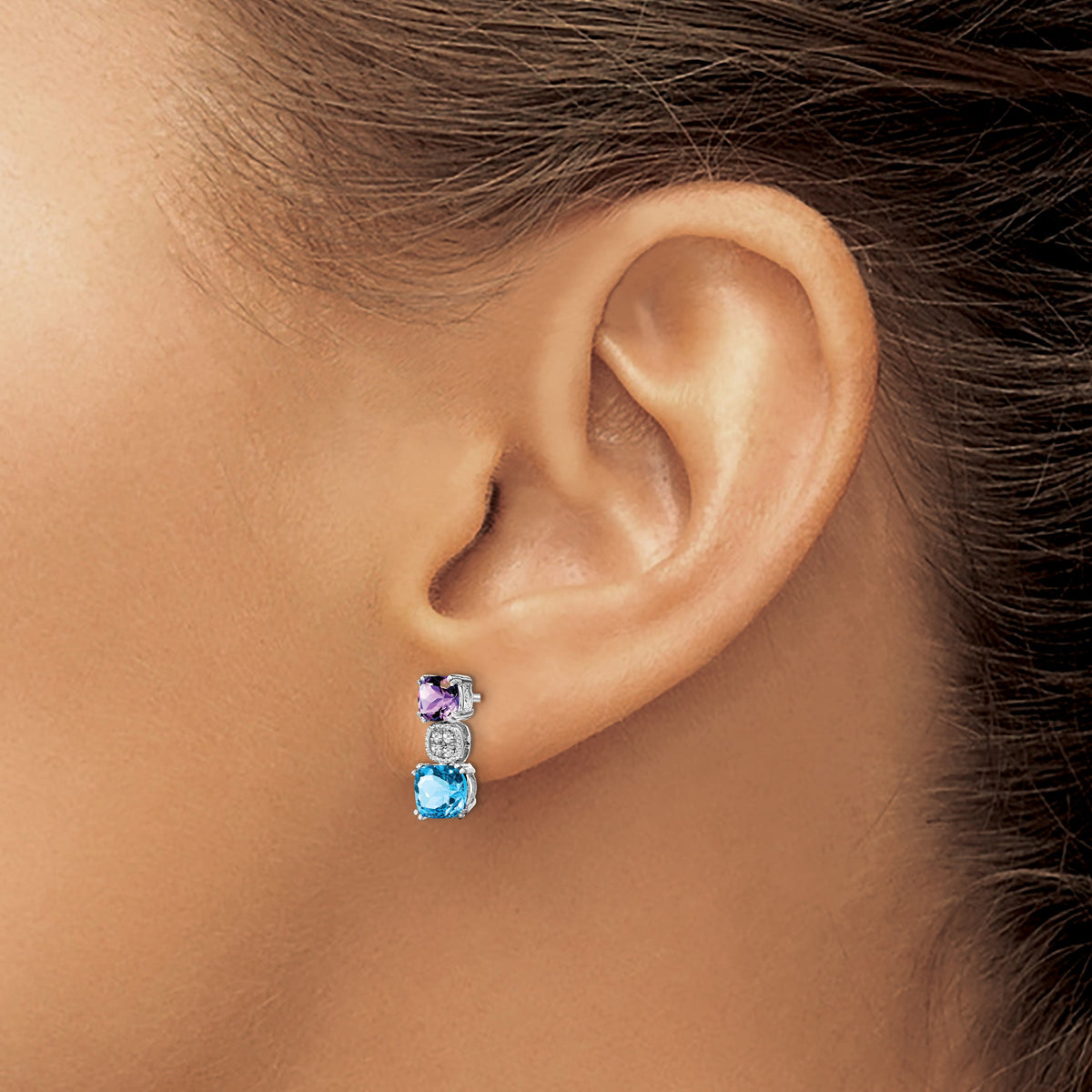 14k White Gold Cushion Amethyst/Blue Topaz and Diamond Post Earrings