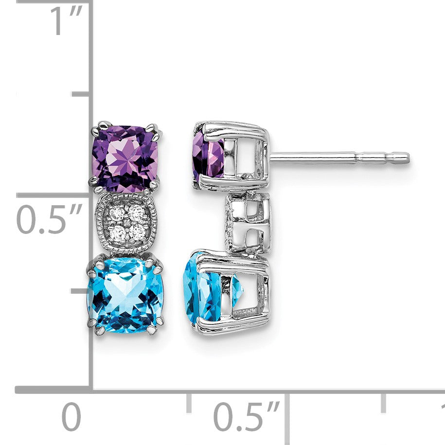 14k White Gold Cushion Amethyst/Blue Topaz and Diamond Post Earrings