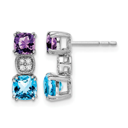 14k White Gold Cushion Amethyst/Blue Topaz and Diamond Post Earrings