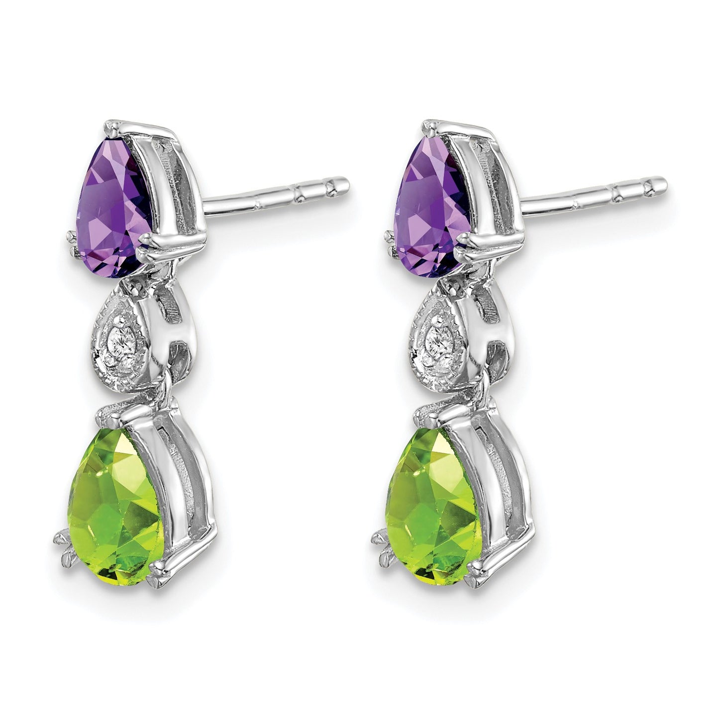 14k White Gold Pear Amethyst/Peridot and Diamond Post Earrings