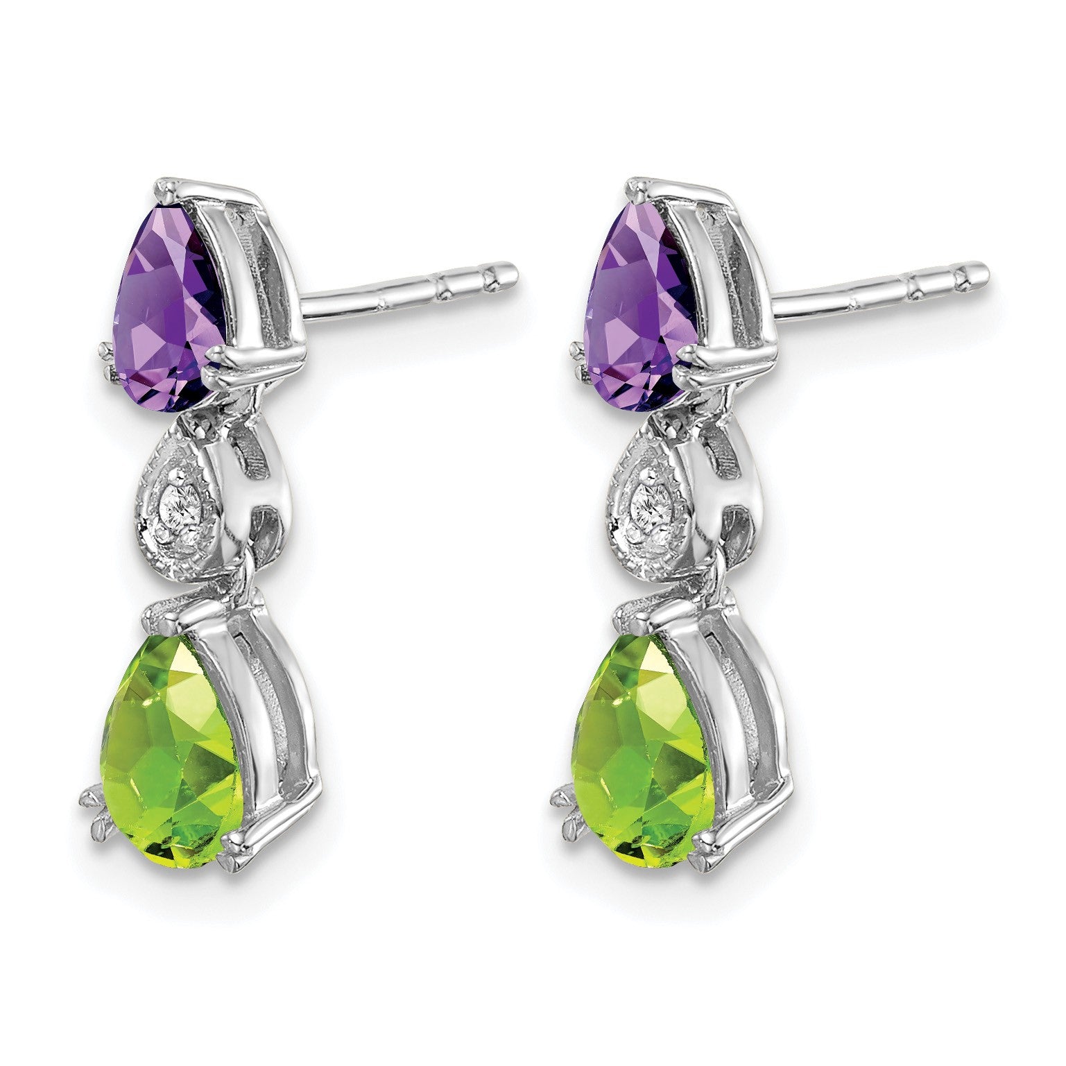14k White Gold Pear Amethyst/Peridot and Diamond Post Earrings