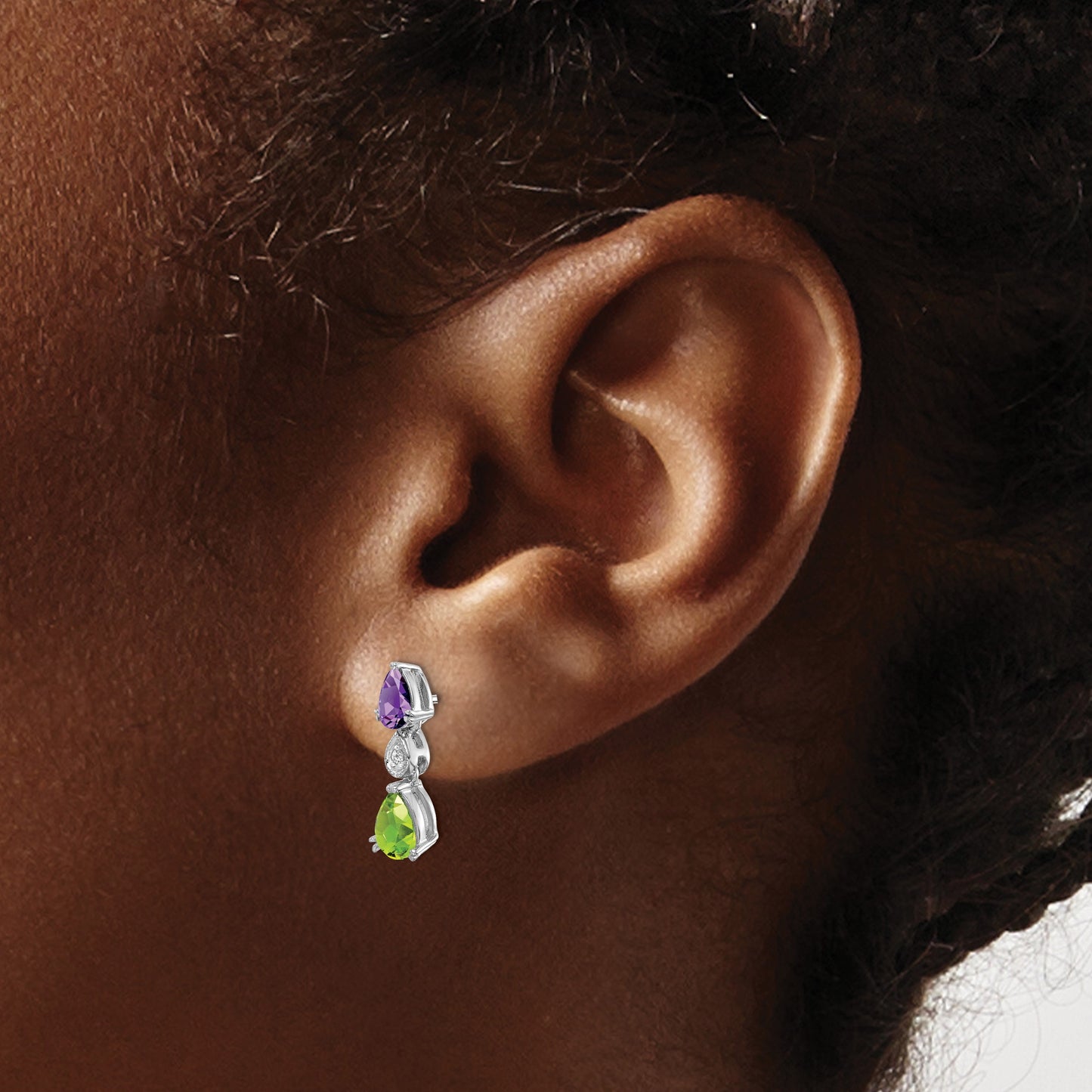 14k White Gold Pear Amethyst/Peridot and Diamond Post Earrings