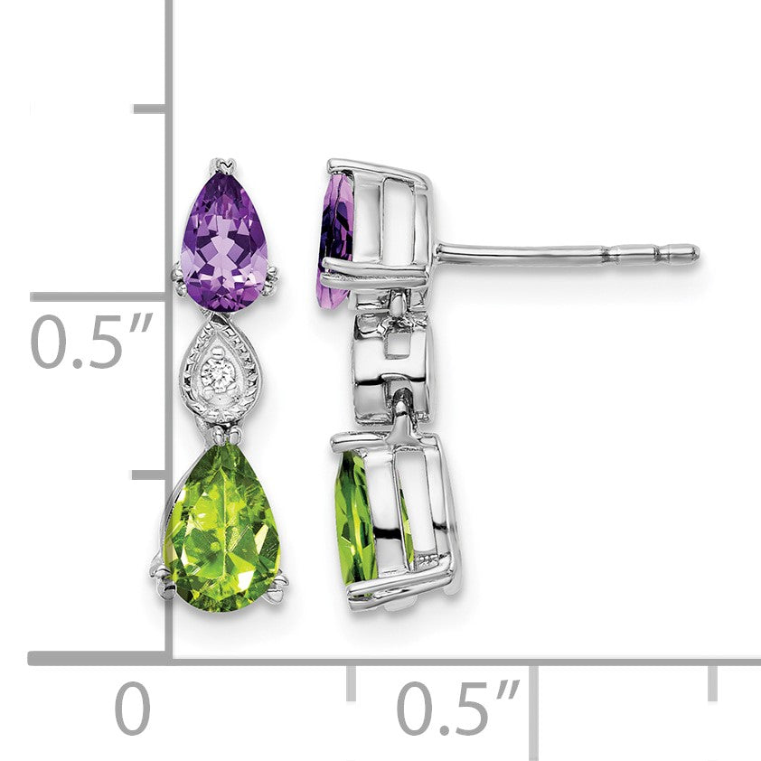 14k White Gold Pear Amethyst/Peridot and Diamond Post Earrings