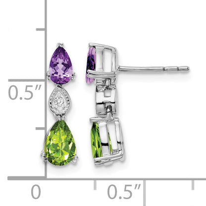 14k White Gold Pear Amethyst/Peridot and Diamond Post Earrings