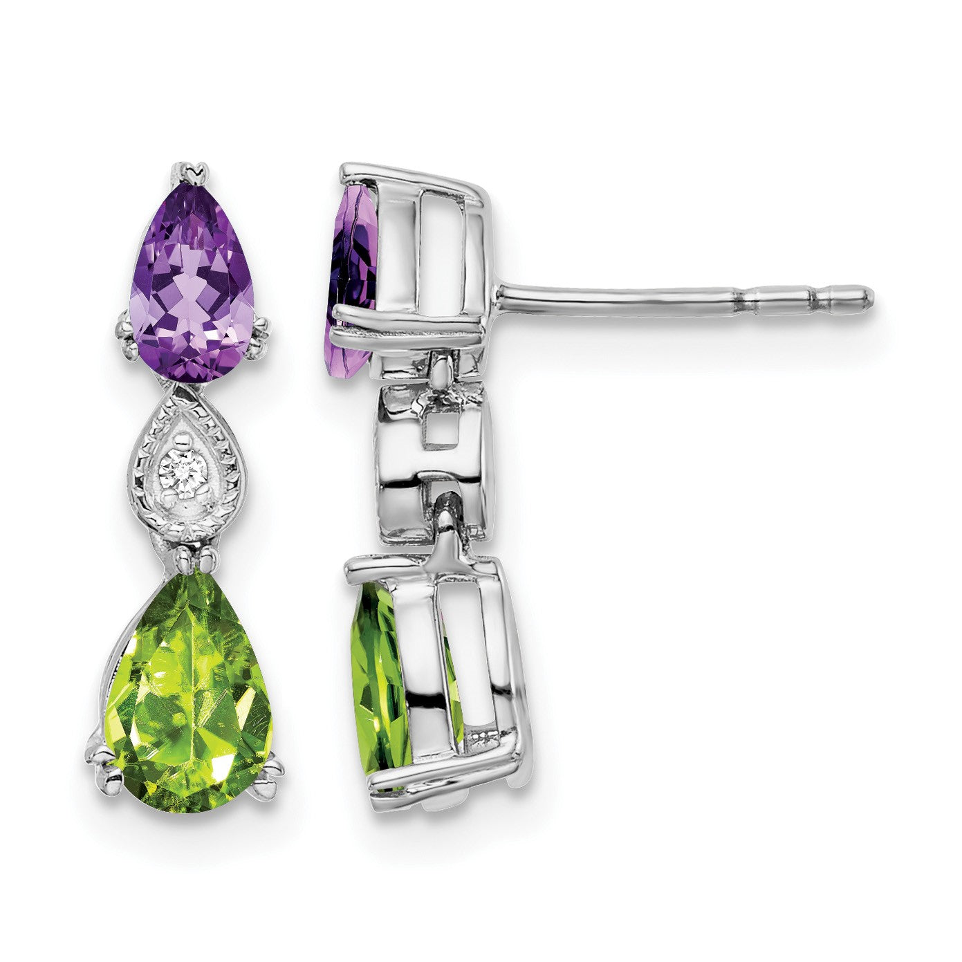 14k White Gold Pear Amethyst/Peridot and Diamond Post Earrings