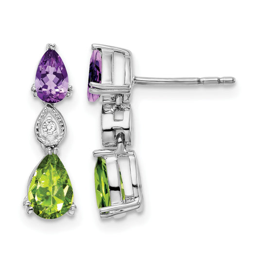 14k White Gold Pear Amethyst/Peridot and Diamond Post Earrings