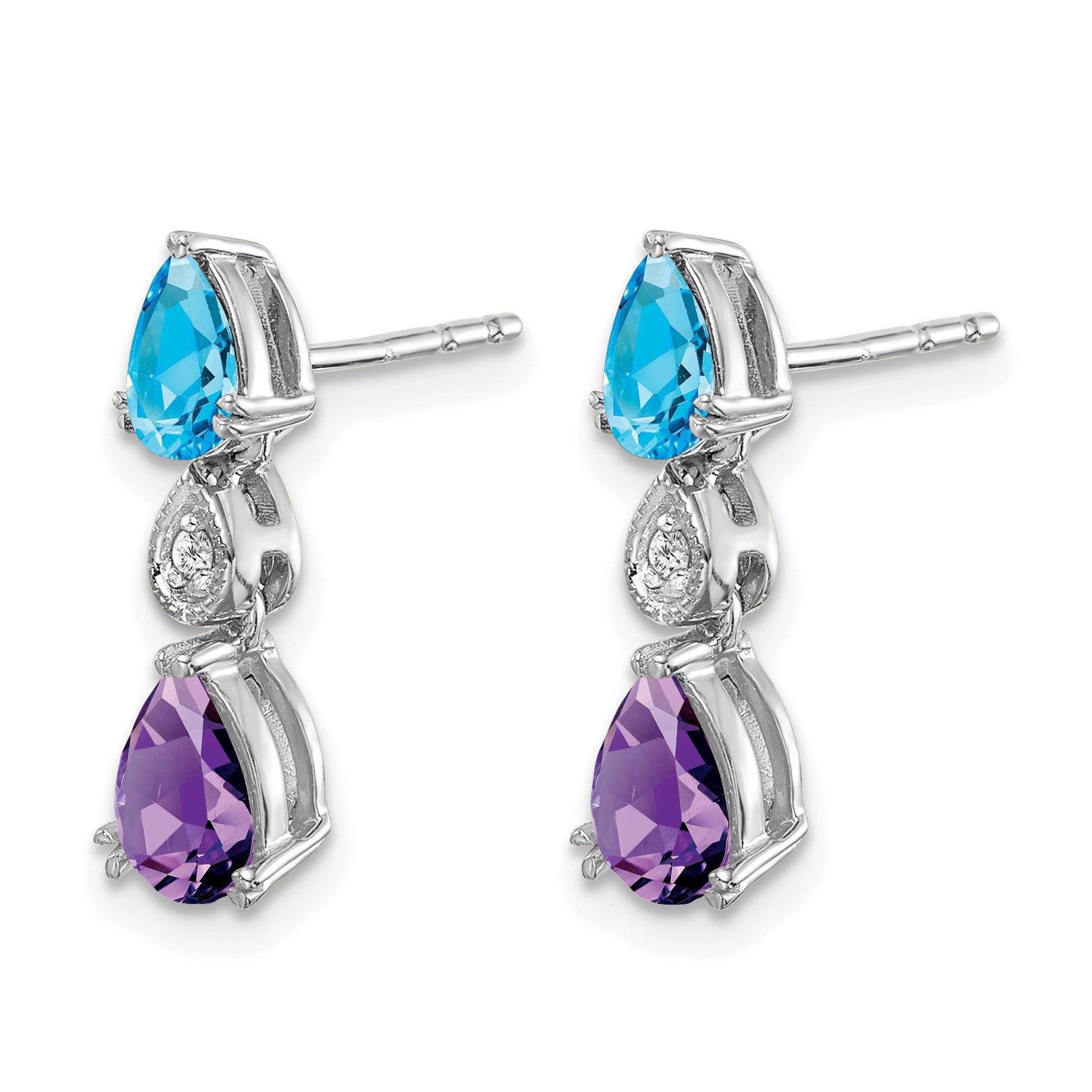 14k White Gold Pear Blue Topaz/Amethyst and Diamond Post Earrings