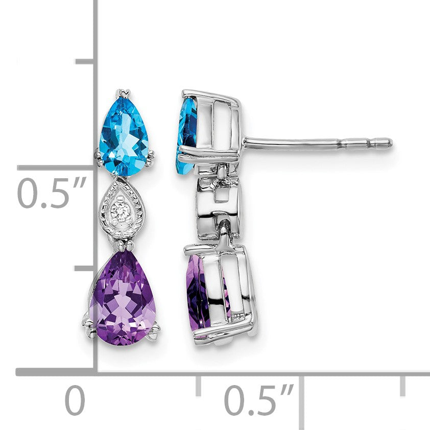 14k White Gold Pear Blue Topaz/Amethyst and Diamond Post Earrings