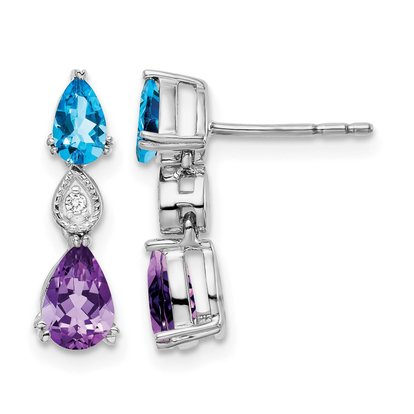 14k White Gold Pear Blue Topaz/Amethyst and Diamond Post Earrings