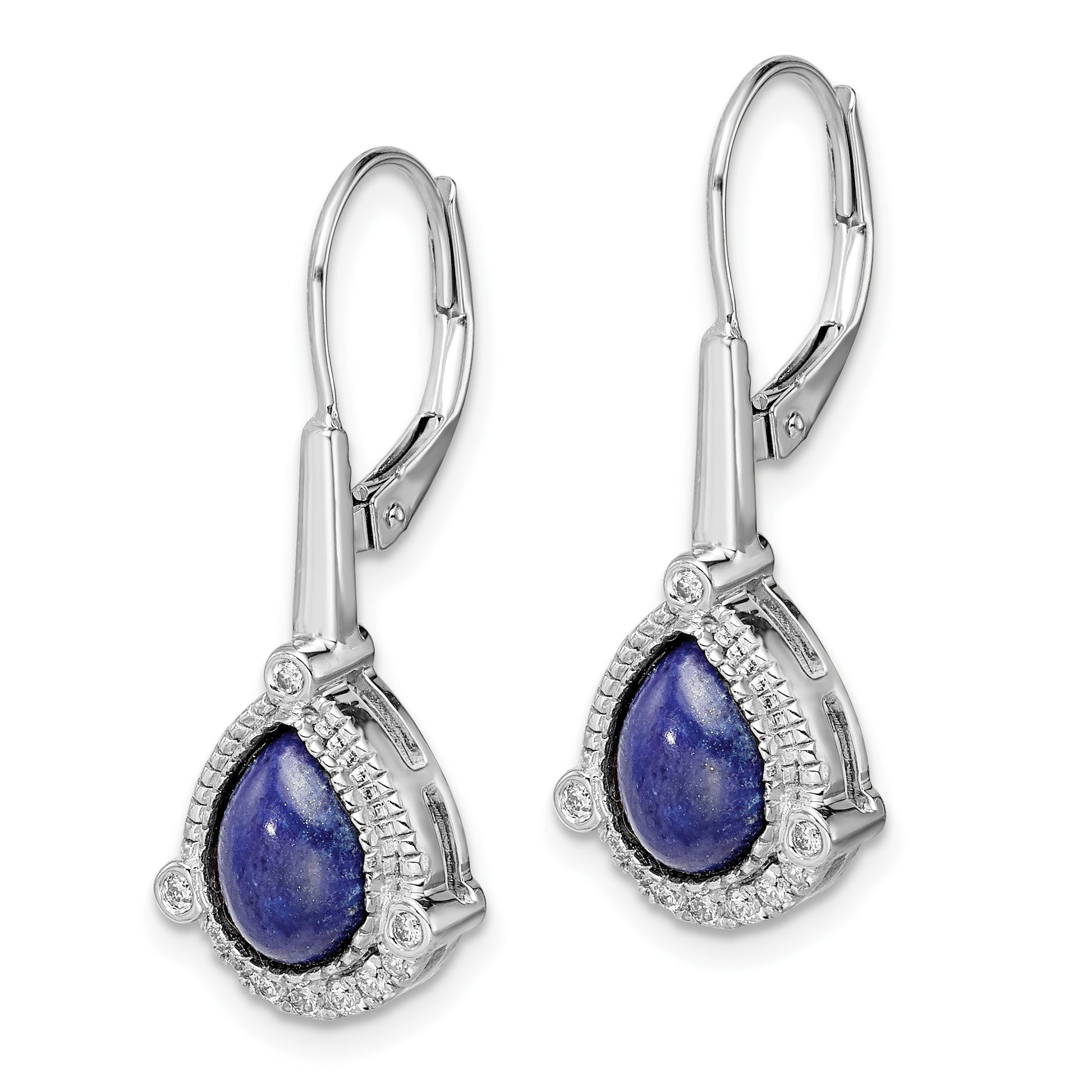 14k White Gold Pear Blue Lapis and 1/8 carat Diamond Leverback Earrings