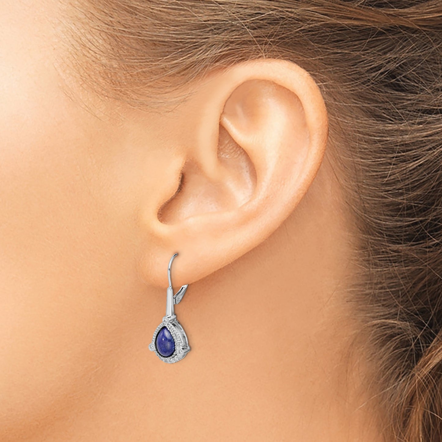 14k White Gold Pear Blue Lapis and 1/8 carat Diamond Leverback Earrings