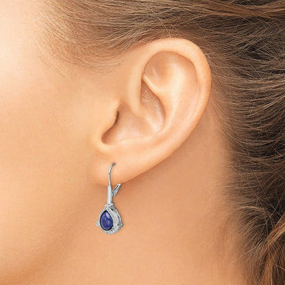 14k White Gold Pear Blue Lapis and 1/8 carat Diamond Leverback Earrings