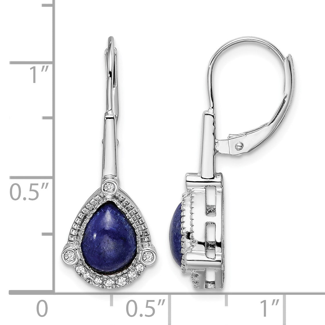 14k White Gold Pear Blue Lapis and 1/8 carat Diamond Leverback Earrings