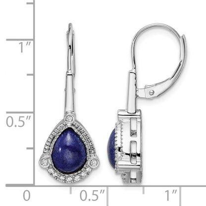 14k White Gold Pear Blue Lapis and 1/8 carat Diamond Leverback Earrings