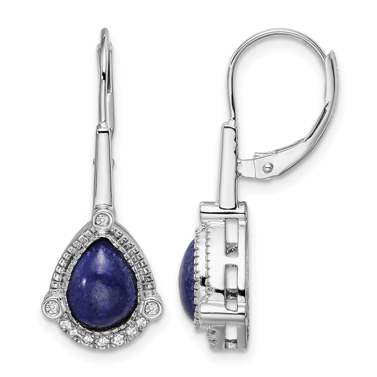 14k White Gold Pear Blue Lapis and 1/8 carat Diamond Leverback Earrings