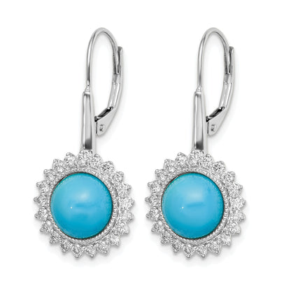 14k White Gold Turquoise Cabochon and 5/8 carat Diamond Halo Leverback Earrings