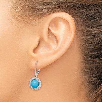 14k White Gold Turquoise Cabochon and 5/8 carat Diamond Halo Leverback Earrings