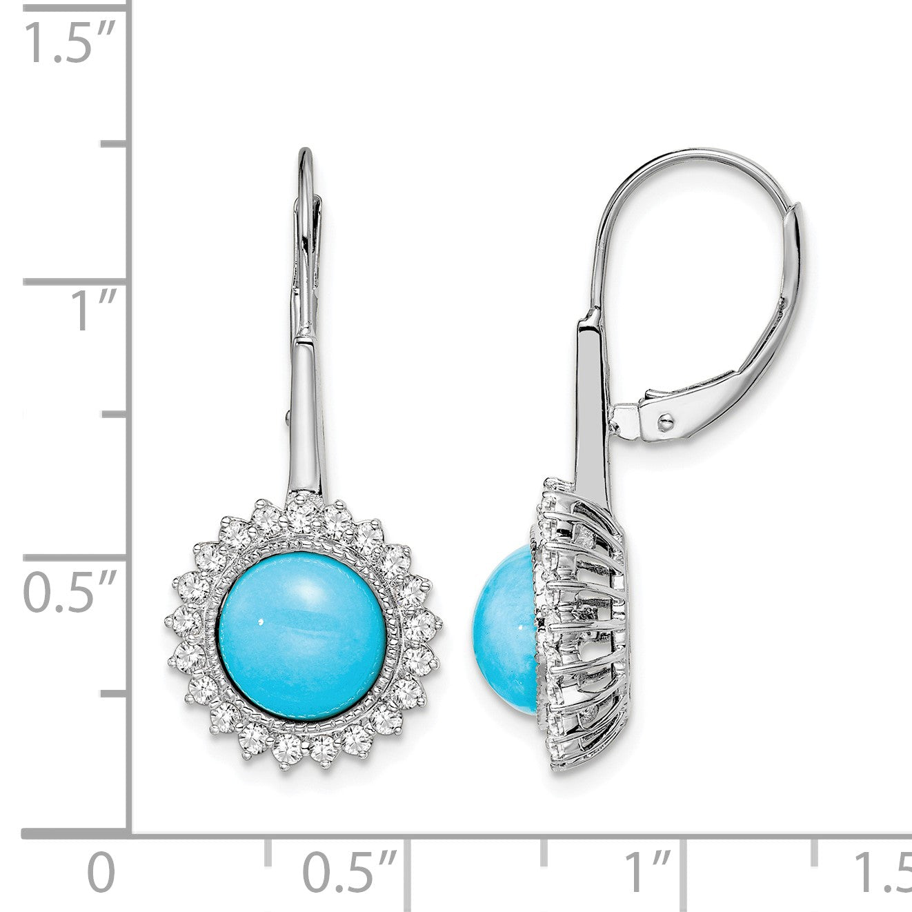 14k White Gold Turquoise Cabochon and 5/8 carat Diamond Halo Leverback Earrings
