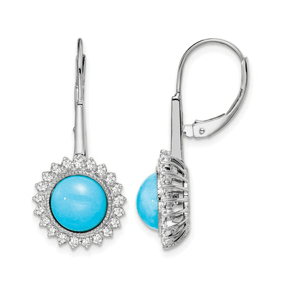14k White Gold Turquoise Cabochon and 5/8 carat Diamond Halo Leverback Earrings