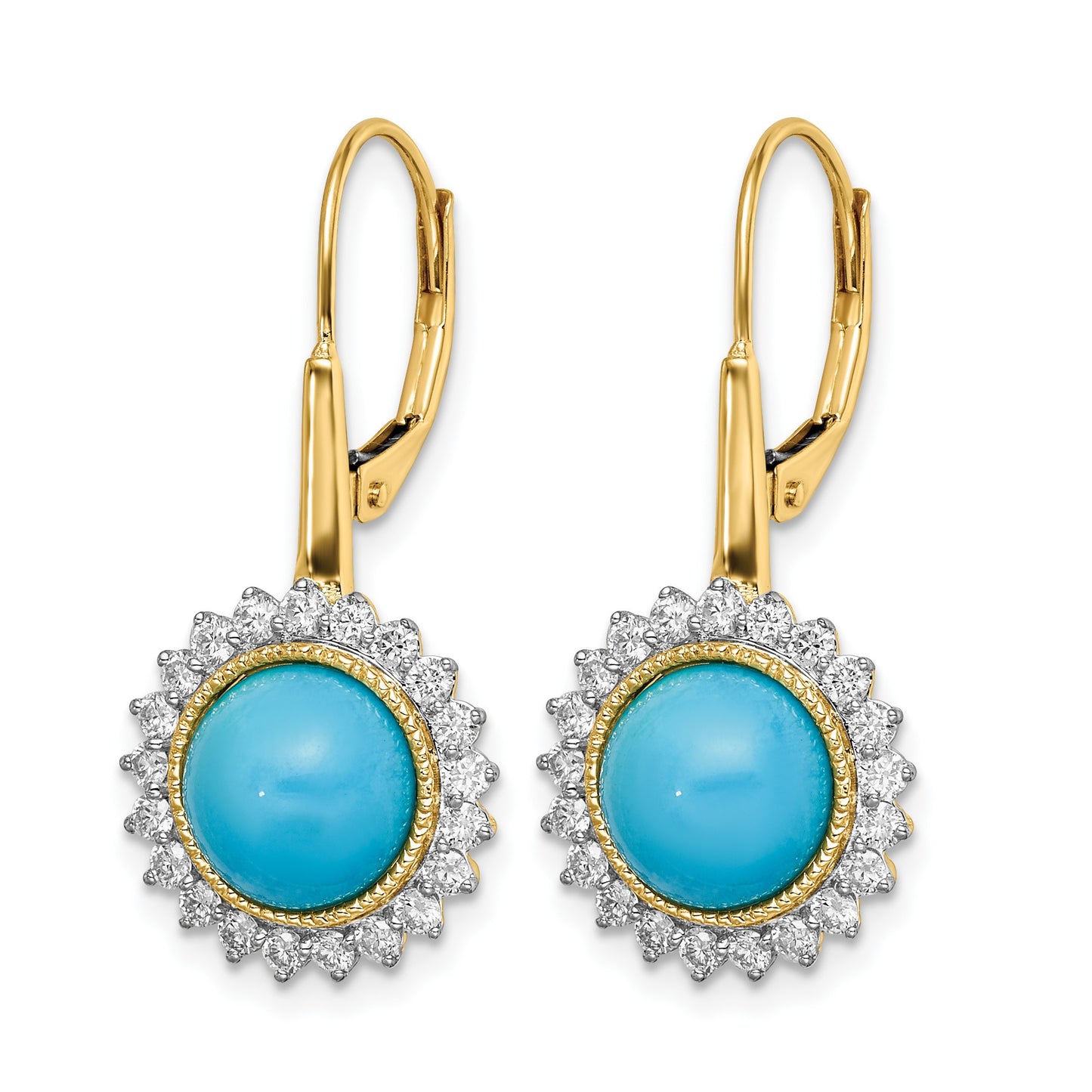 14k Turquoise Cabochon and 5/8 carat Diamond Halo Leverback Earrings
